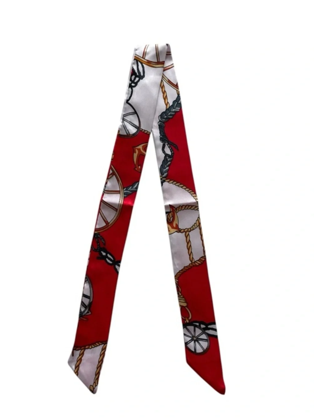 Red and White Bag Scarf with Chain & Wheel Motif